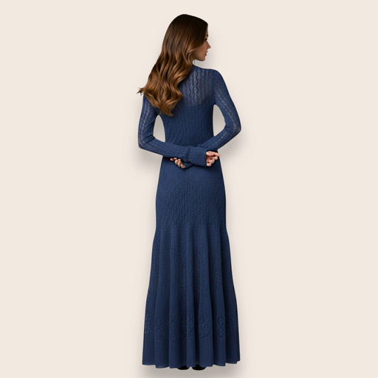Hand-Knit Navy Blue Lace Maxi Dress in Mohair Blend