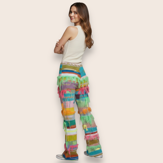 Hand-Knit Multicolor Boho Fringe Straight-Leg Pants