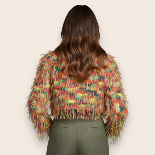 Hand-Knit Multi-Color Shag Cardigan with Vibrant Fringe Detail