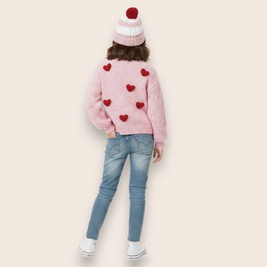 Hand-Knit Pink Sweater with 3D Red Heart Appliqués