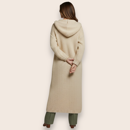 Hand-Knit Maxi Cardigan with Cozy Hood and Ribbed Trim