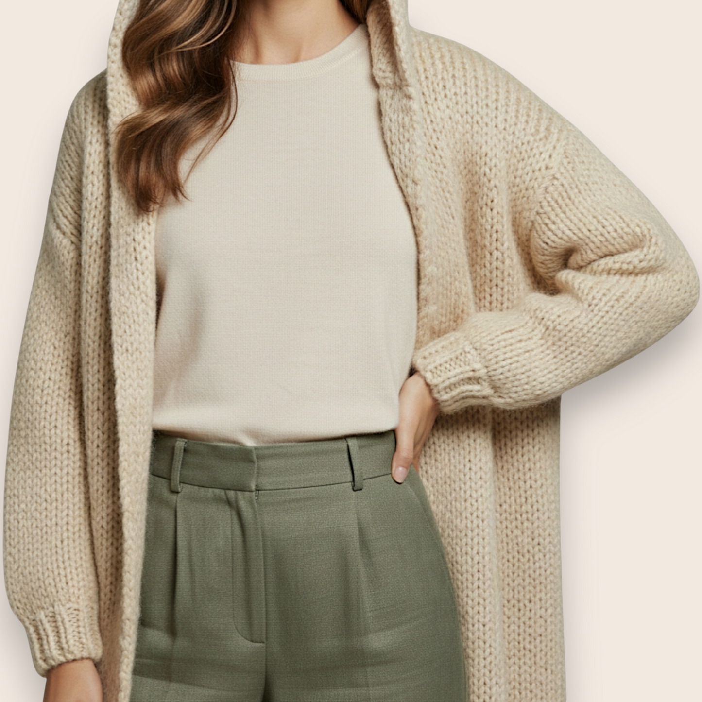 Hand-Knit Maxi Cardigan with Cozy Hood and Ribbed Trim