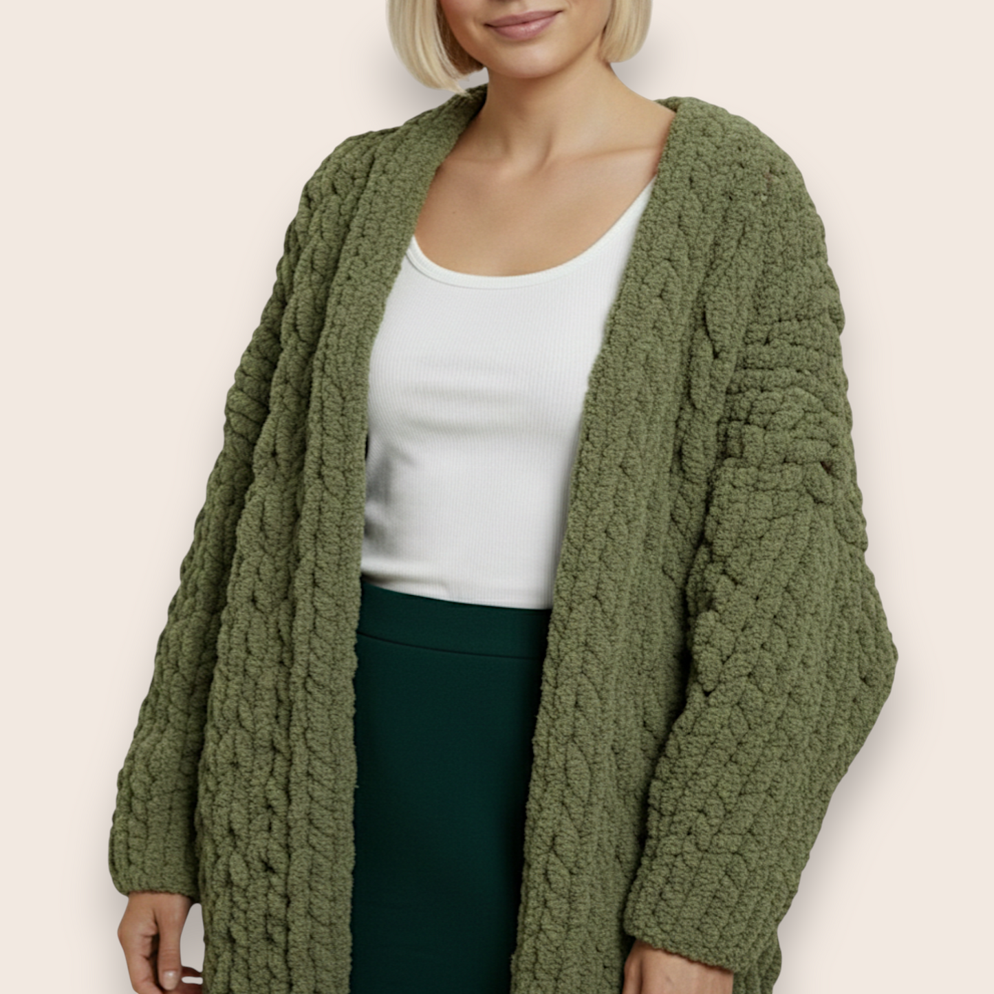 Chunky Hand-Knitted Maxi Cardigan in Olive Green