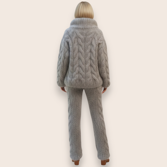 Hand-Knitted Mohair Blend Cable Knit Cardigan and Trousers Set in Heather Gray