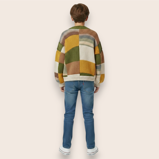 Hand-Knit Earth Tone Patchwork Oversized Cardigan