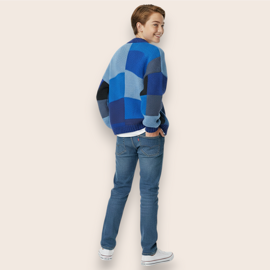 Hand-Knit Blue Patchwork Oversized Cardigan