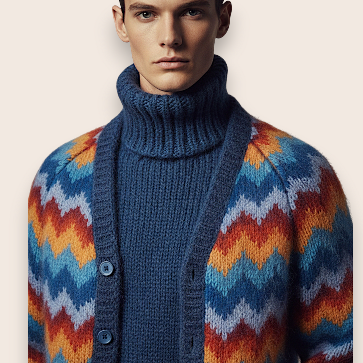 Hand-Knit 2-Piece Set: Striped Cardigan & Matching Turtleneck