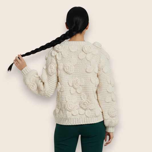 Hand-Knit Cotton Cardigan with 3D Floral Embroidery in Baked Milk