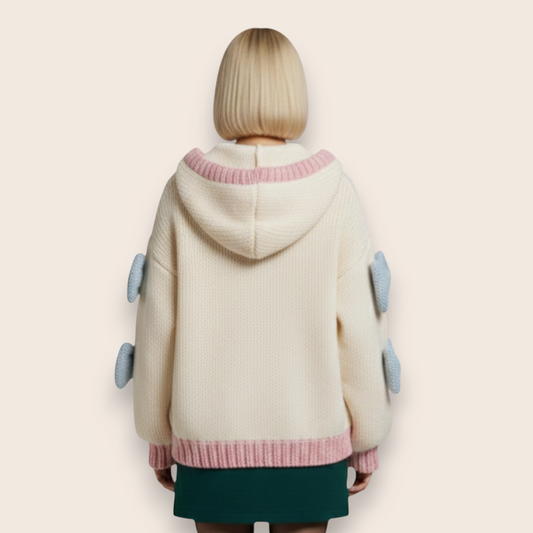 Hand-Knit Wool Hoodie with Pastel Accents and 3D Bow Details