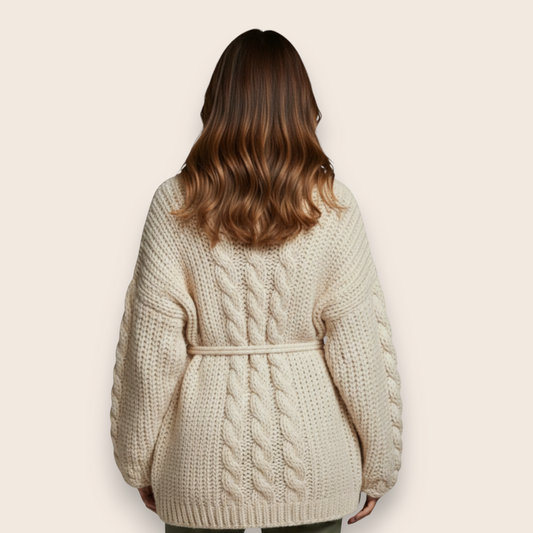 Hand-Knit Chunky Cable Cardigan with Tassel Belt and Pockets