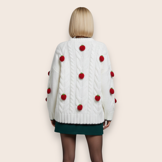 Hand-Knitted Cable Knit Sweater with 3D Strawberry Accents in Milk White
