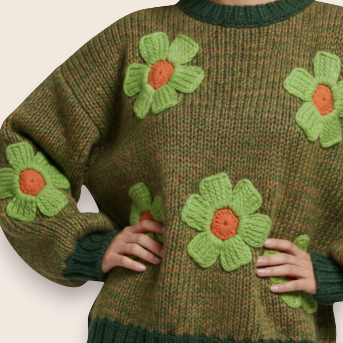 Hand-Knitted Floral Appliqué Sweater in Heather Olive Chunky Knit