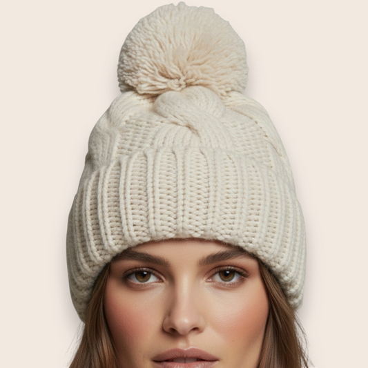Hand-Knit Chunky Cable Knit Beanie with Pom-Pom