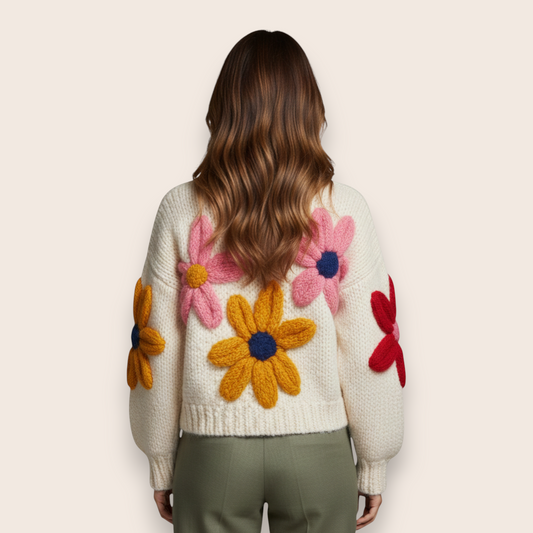 Oversized Hand-Knitted Floral Appliqué Sweater in Ivory