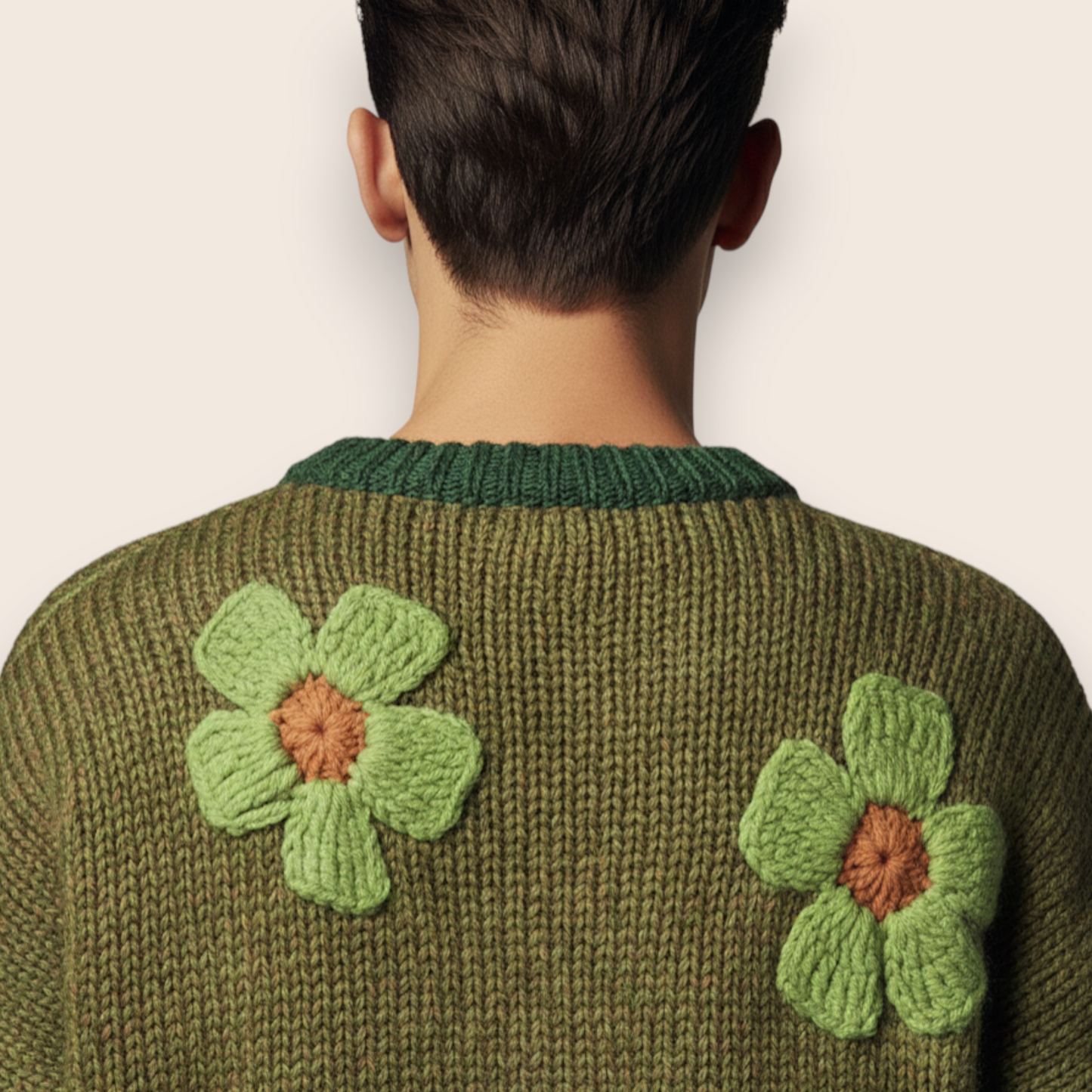 Hand-Knitted Floral Appliqué Sweater in Heather Olive Chunky Knit