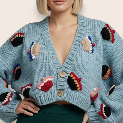 Hand-Knit Cropped Cardigan with Colorful Textured Embroidery