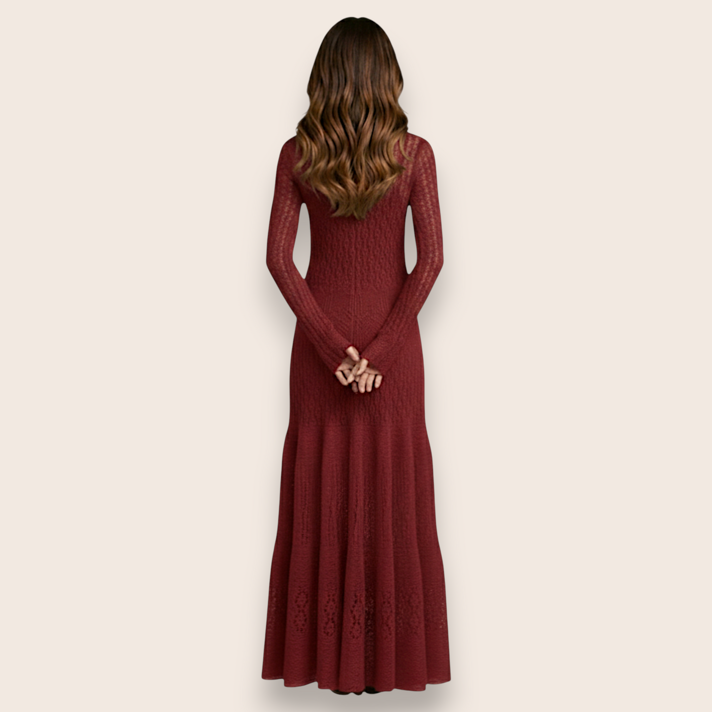 Hand-Knit Burgundy Lace Maxi Dress in Mohair Blend