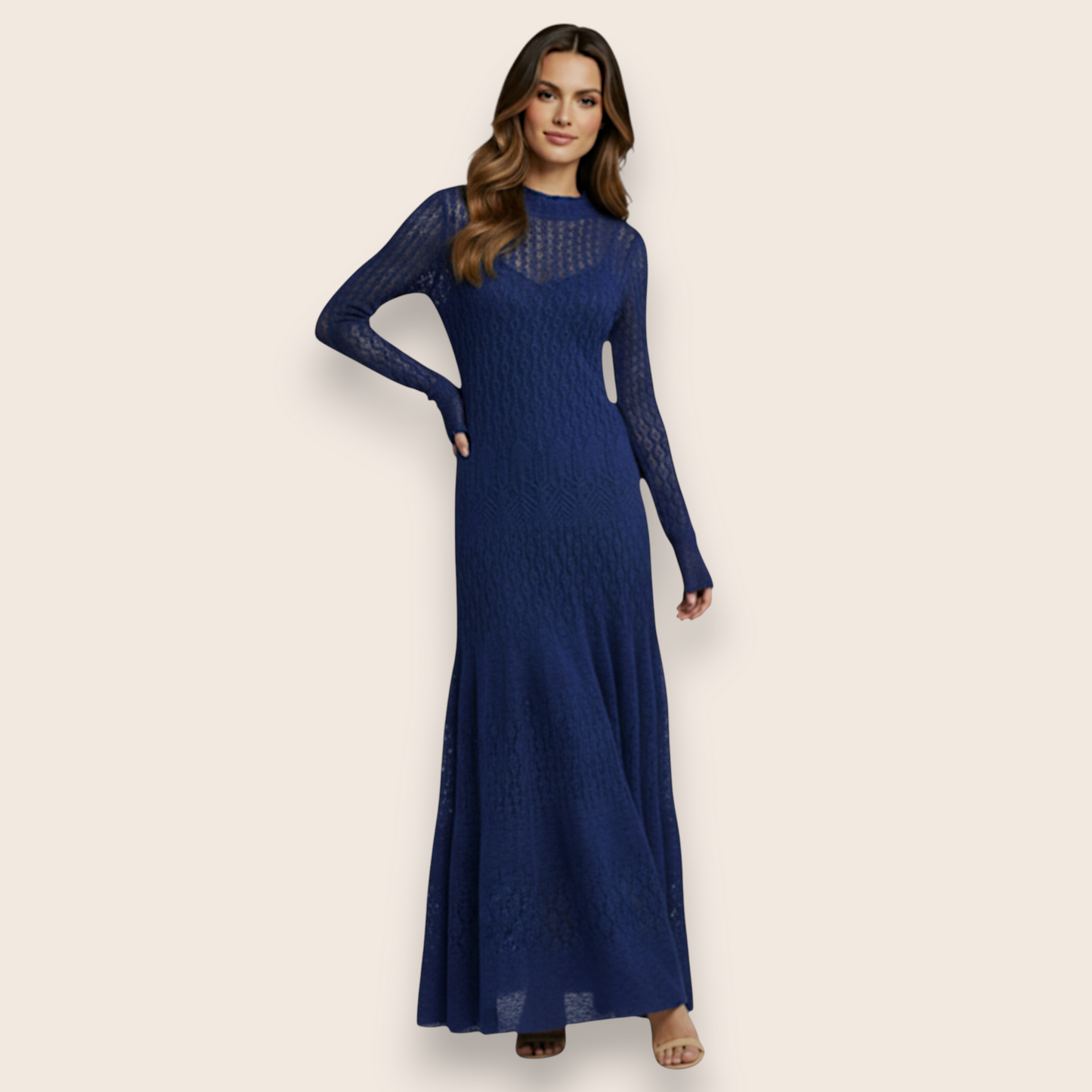 Hand-Knit Navy Blue Lace Maxi Dress in Mohair Blend