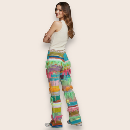 Hand-Knit Multicolor Boho Fringe Straight-Leg Pants