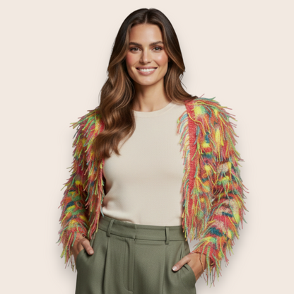 Hand-Knit Multi-Color Shag Cardigan with Vibrant Fringe Detail