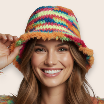 Hand-Crocheted Multicolor Checkerboard Bucket Hat