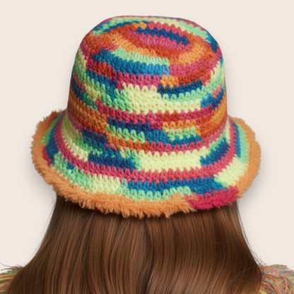 Hand-Crocheted Multicolor Checkerboard Bucket Hat