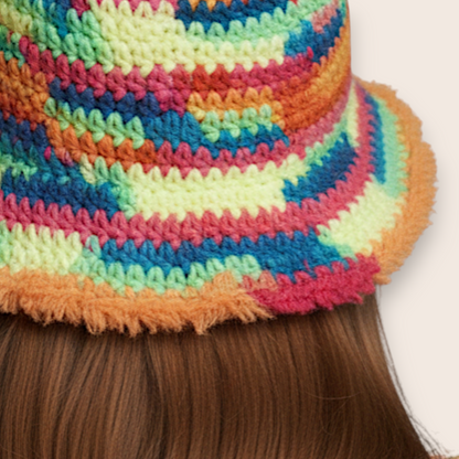 Hand-Crocheted Multicolor Checkerboard Bucket Hat