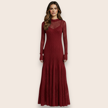 Hand-Knit Burgundy Lace Maxi Dress in Mohair Blend