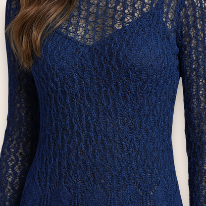 Hand-Knit Navy Blue Lace Maxi Dress in Mohair Blend