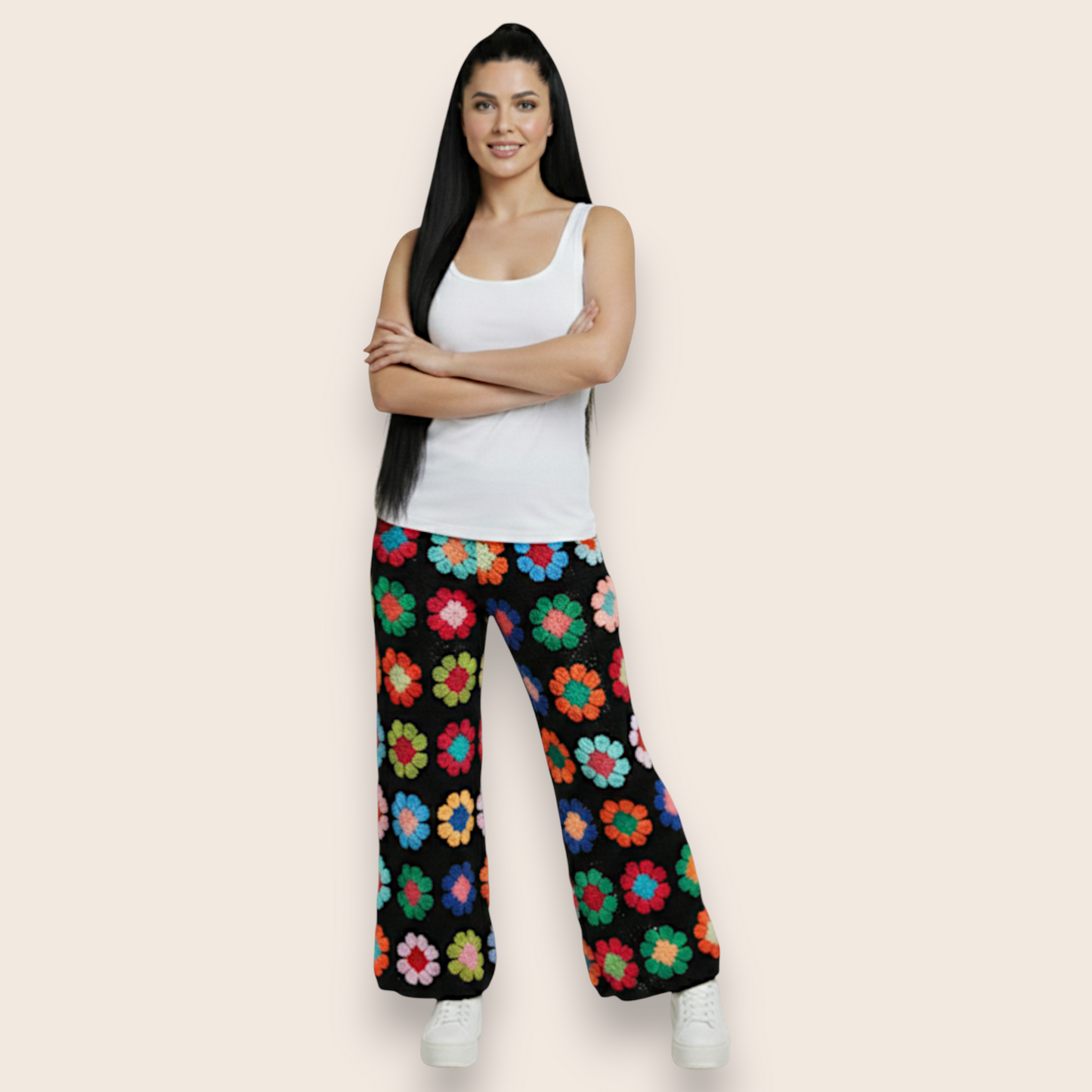Hand-Knit Granny Square Flower Patchwork Pants