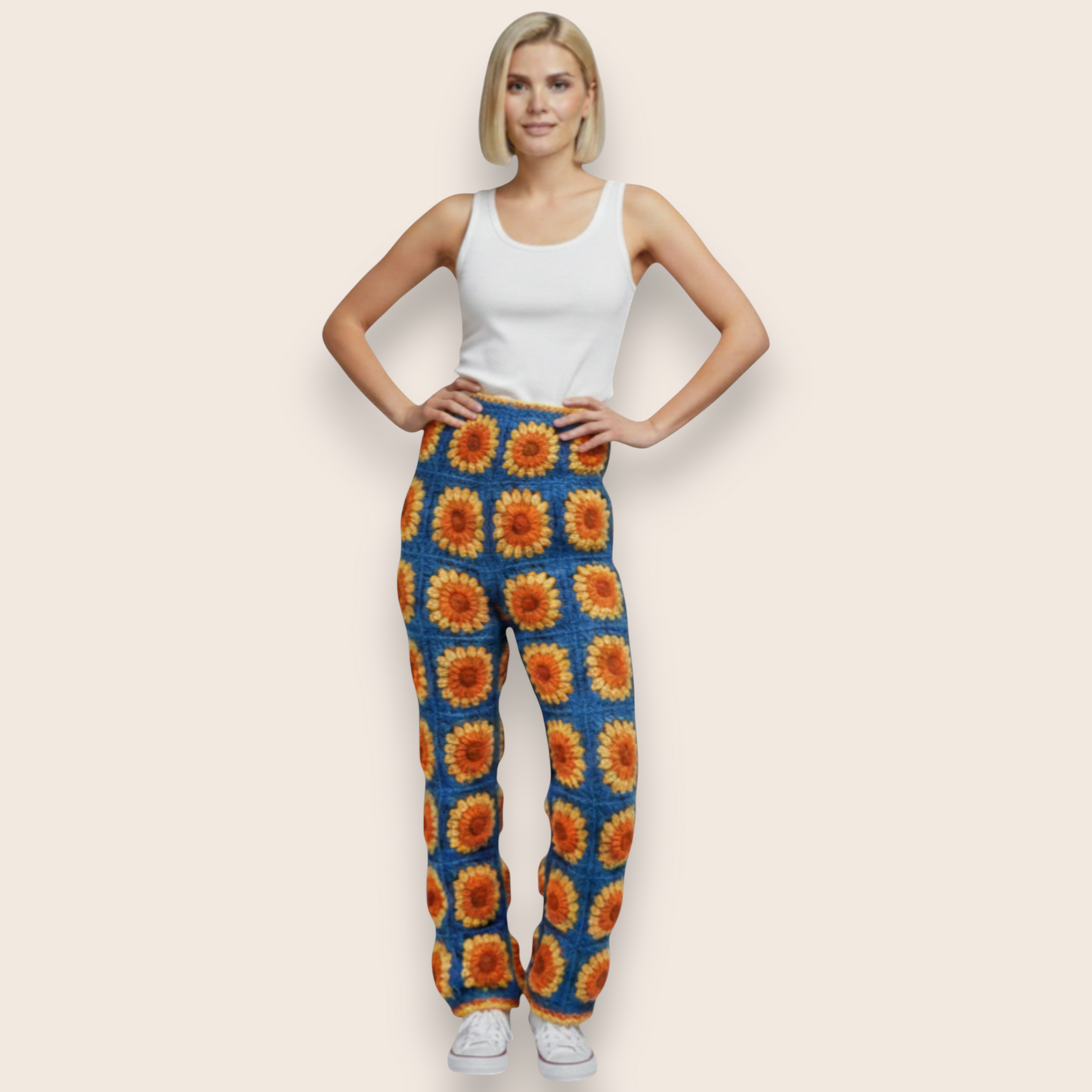 Hand-Knit Sunflower Patchwork Straight-Leg Pants