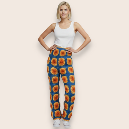 Hand-Knit Sunflower Patchwork Straight-Leg Pants