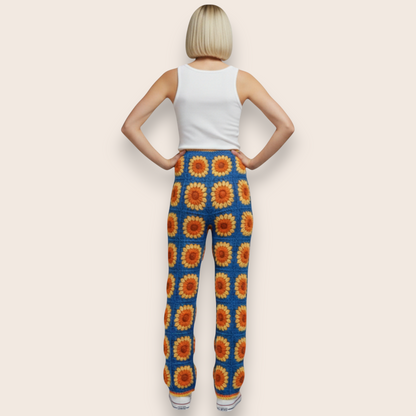Hand-Knit Sunflower Patchwork Straight-Leg Pants