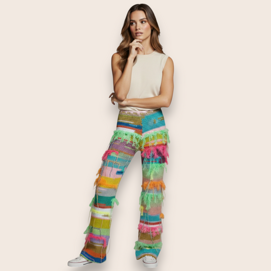 Hand-Knit Multicolor Boho Fringe Straight-Leg Pants