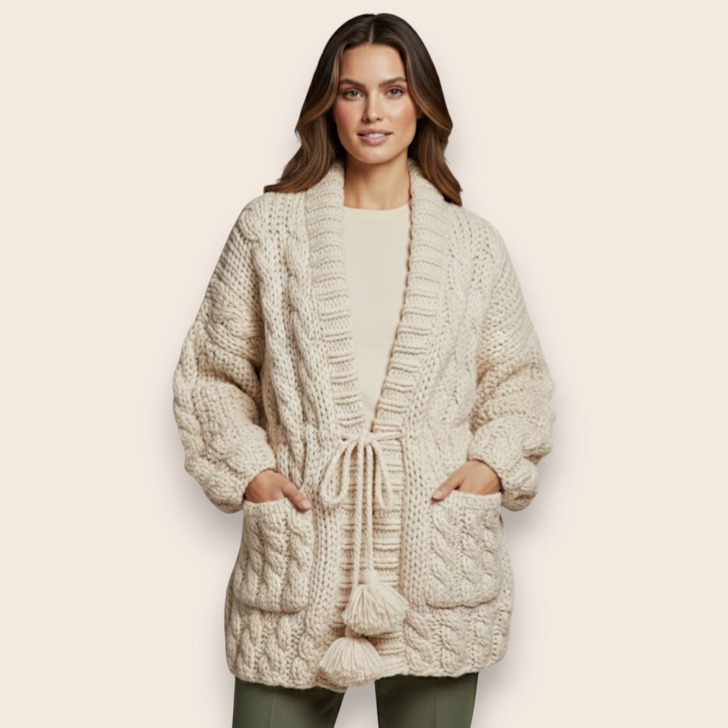 Hand-Knit Chunky Cable Cardigan with Tassel Belt and Pockets