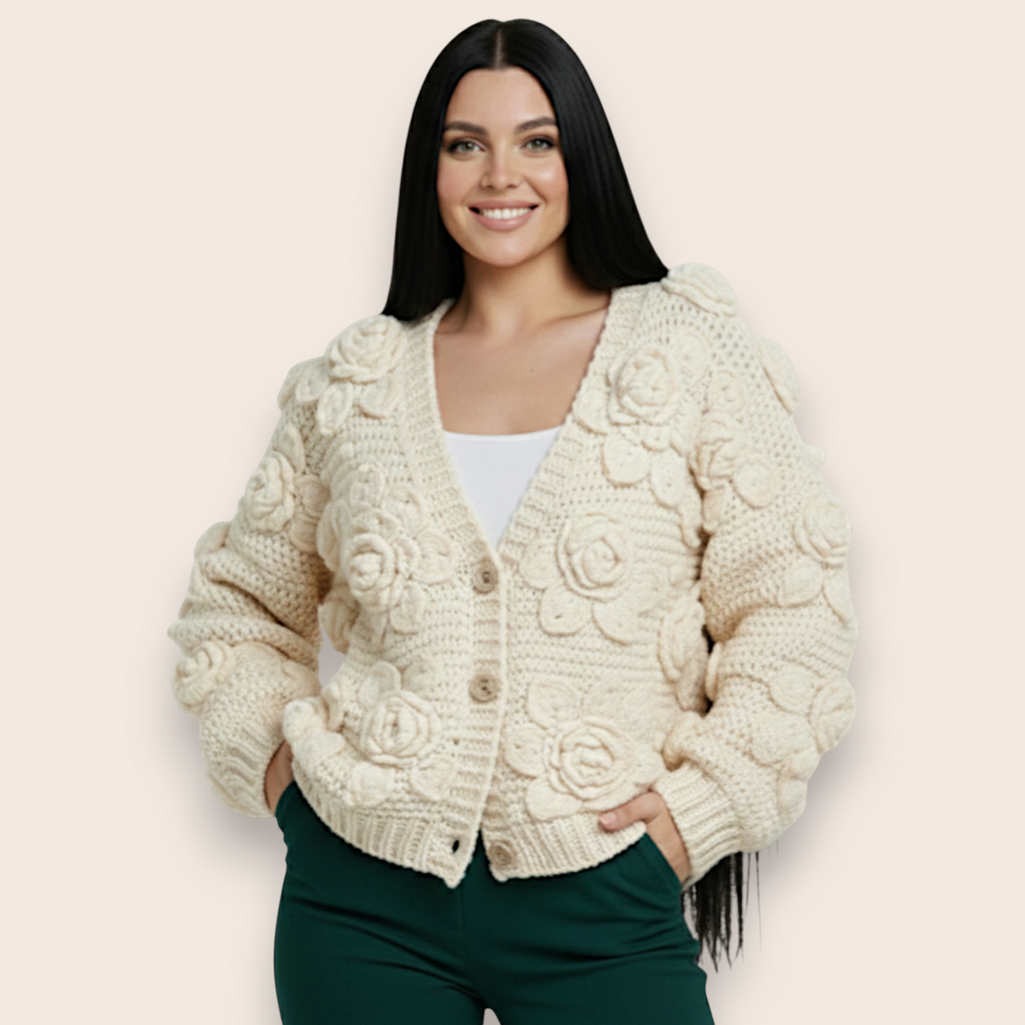 Hand-Knit Cotton Cardigan with 3D Floral Embroidery in Baked Milk