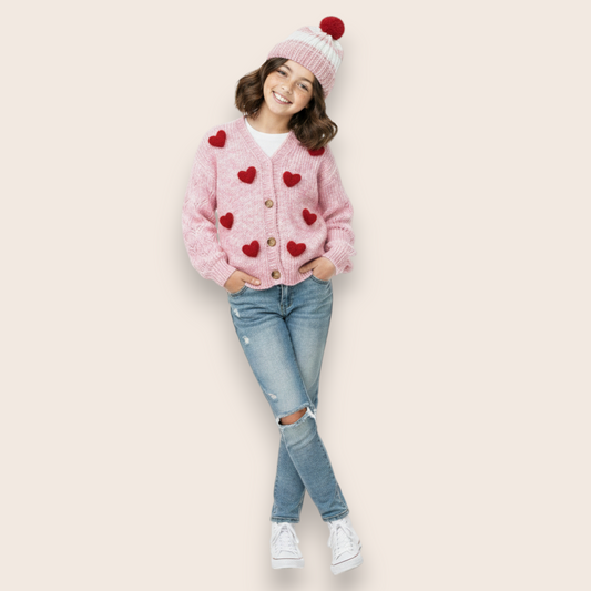 Hand-Knit Pink Sweater with 3D Red Heart Appliqués