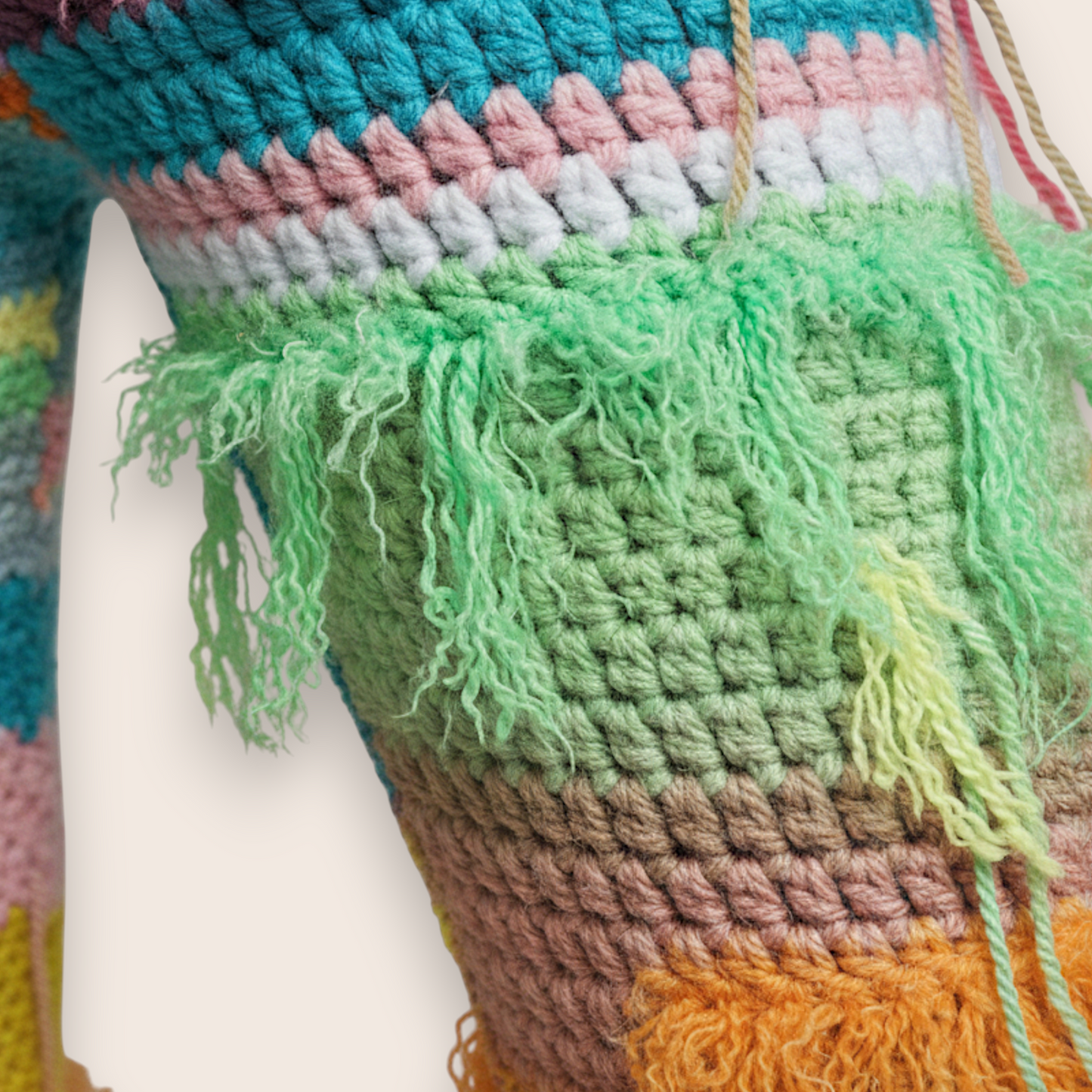 Hand-Knit Multicolor Boho Fringe Straight-Leg Pants