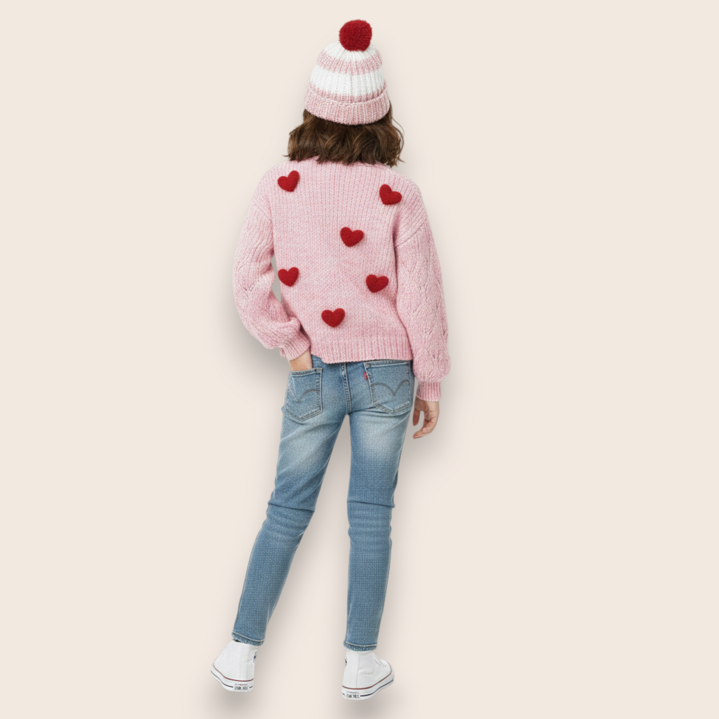 Hand-Knit Pink Sweater with 3D Red Heart Appliqués