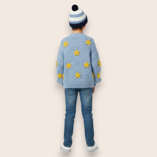 Hand-Knit Blue Cardigan with 3D Yellow Star Appliqués