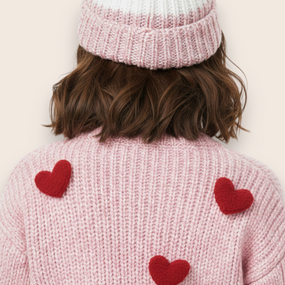 Hand-Knit Pink Beanie with Red Contrast Details