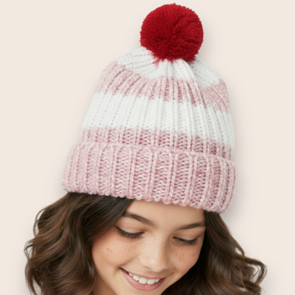 Hand-Knit Pink Beanie with Red Contrast Details