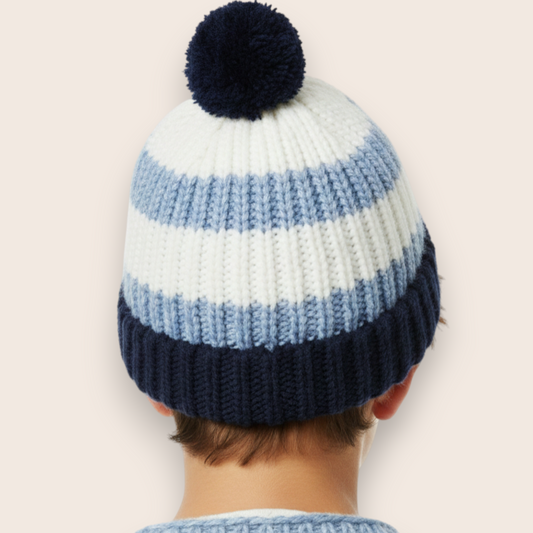 Hand-Knit Blue & White Textured Beanie