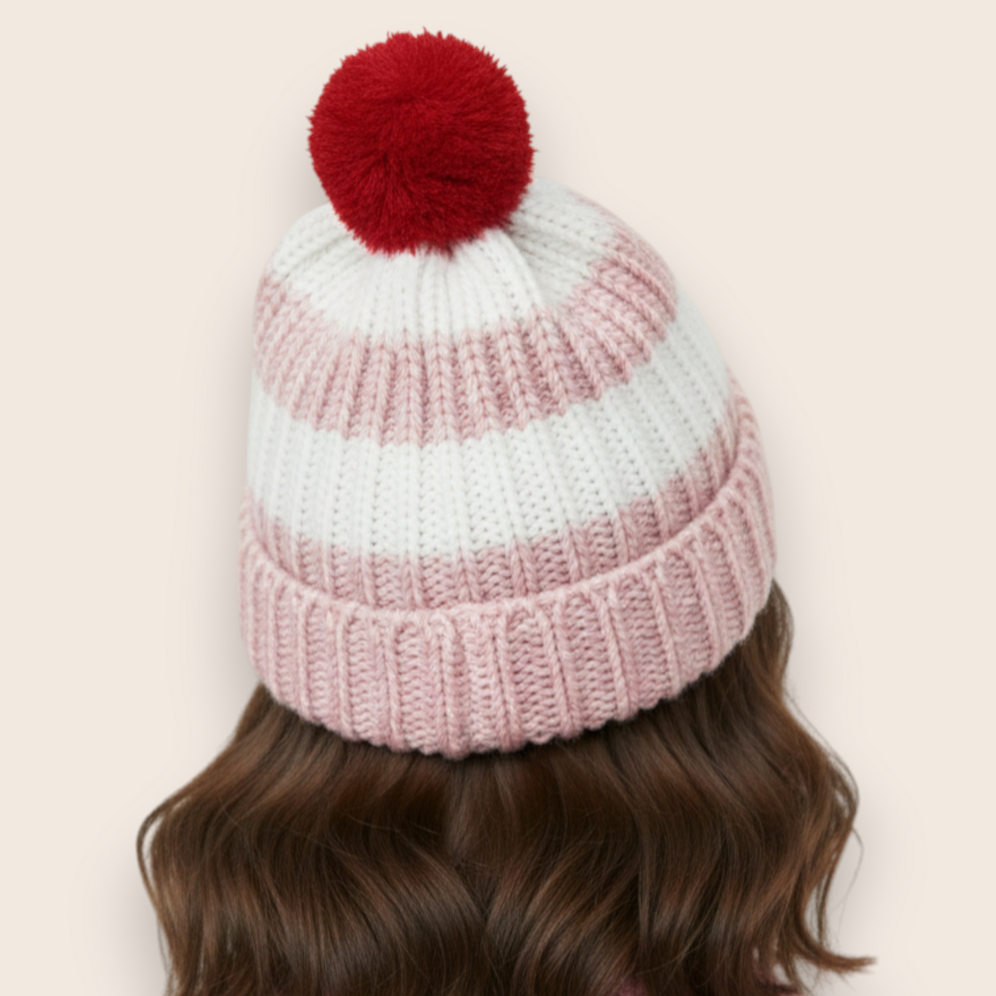 Hand-Knit Pink Beanie with Red Contrast Details