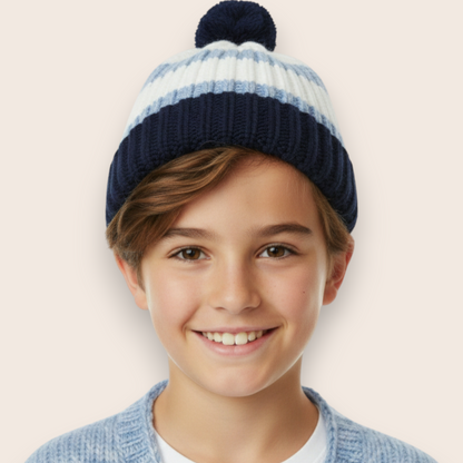 Hand-Knit Blue & White Textured Beanie