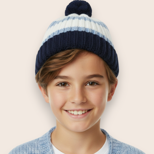 Hand-Knit Blue & White Textured Beanie