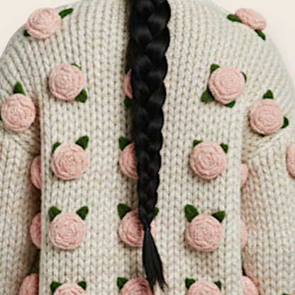 Hand-Knit Chunky Cotton Cardigan with 3D Sculptural Roses