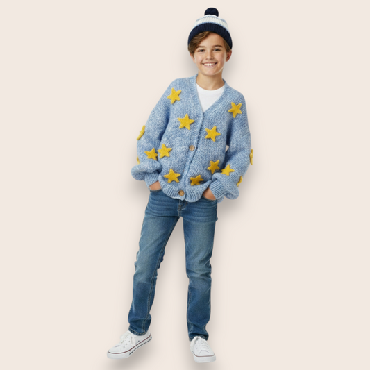 Hand-Knit Blue Cardigan with 3D Yellow Star Appliqués