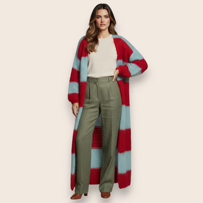 Hand-Knitted Oversized Striped Mohair Maxi Cardigan in Crimson and Sky Blue