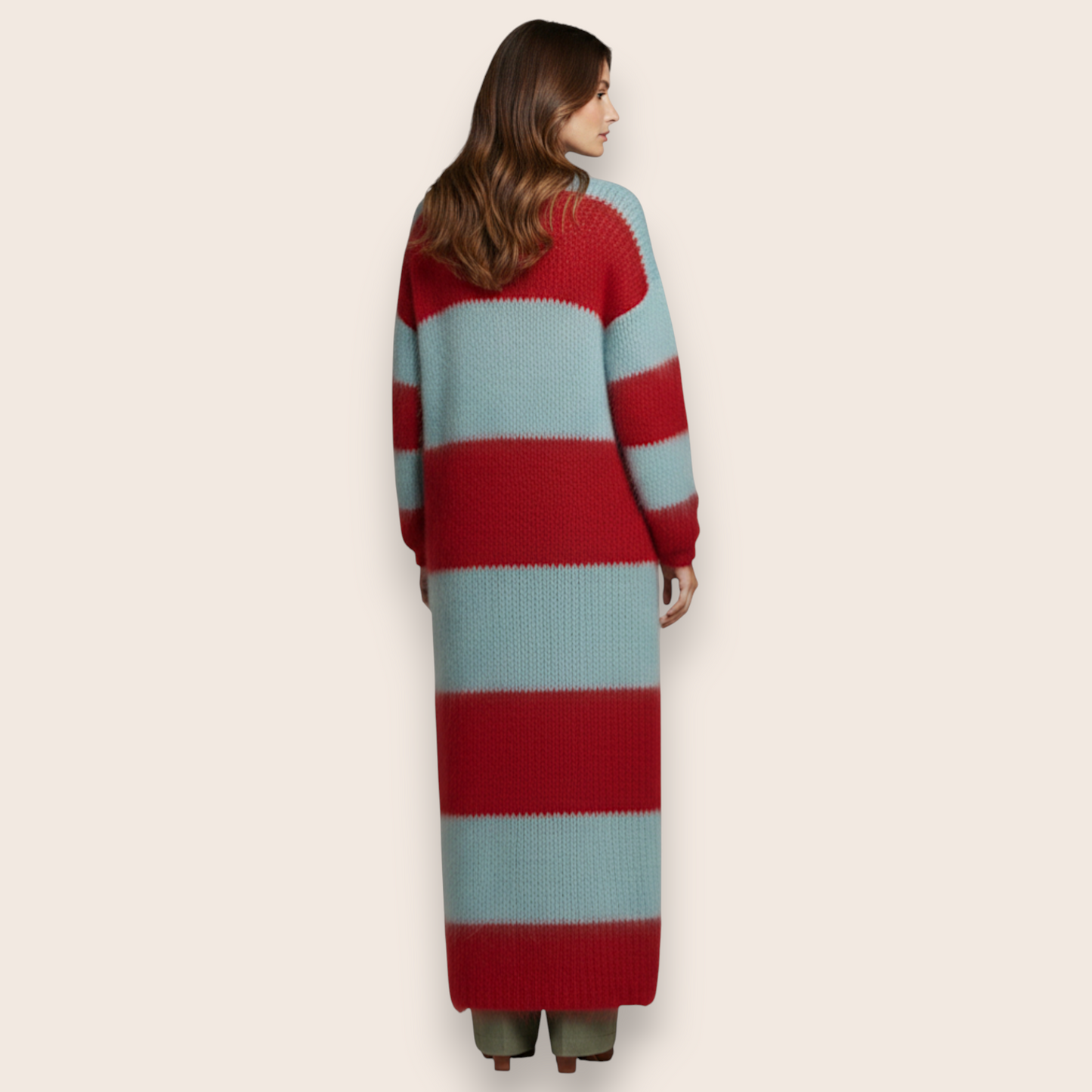 Hand-Knitted Oversized Striped Mohair Maxi Cardigan in Crimson and Sky Blue